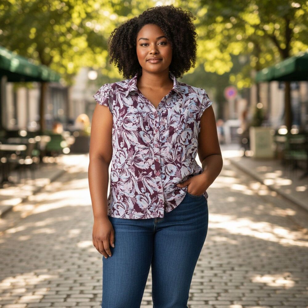 Boho Purple Floral Mesh Blouse XXL Dressy Casual Button Down Top